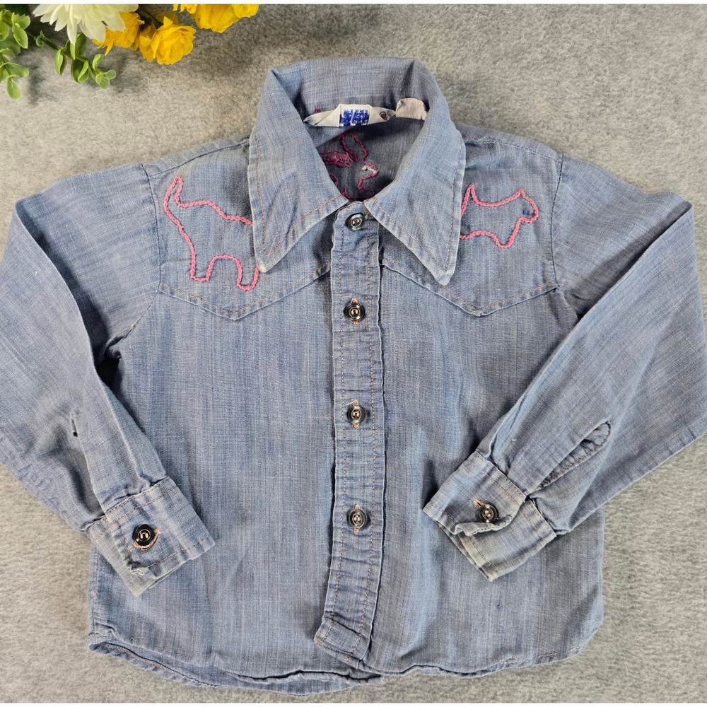 Playtown Western Shirt Toddler 4T Blue Vintage Embroidered Bunny Chambray Top